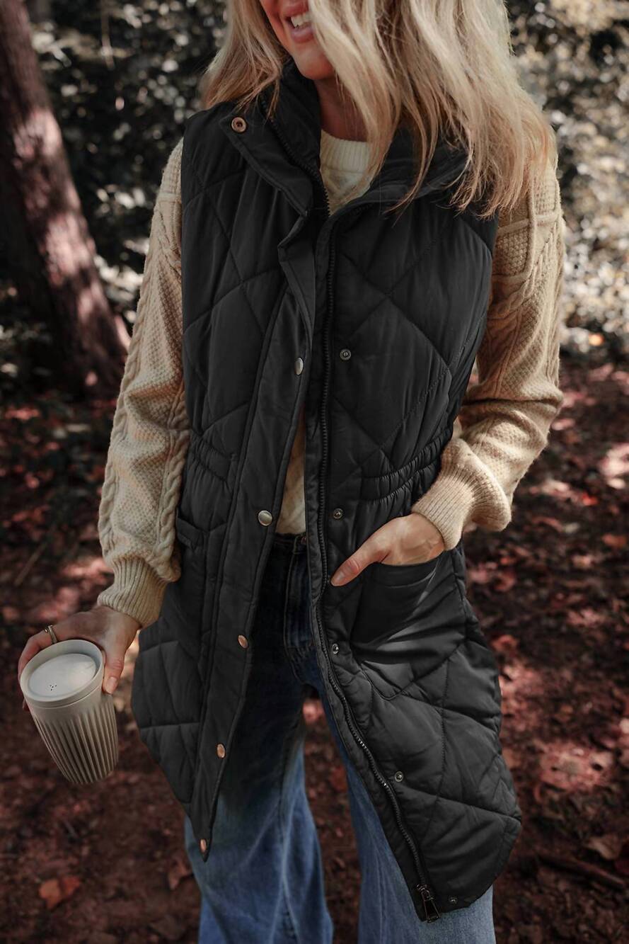 NEW LDC longline quilted stand collar puffer vest in black